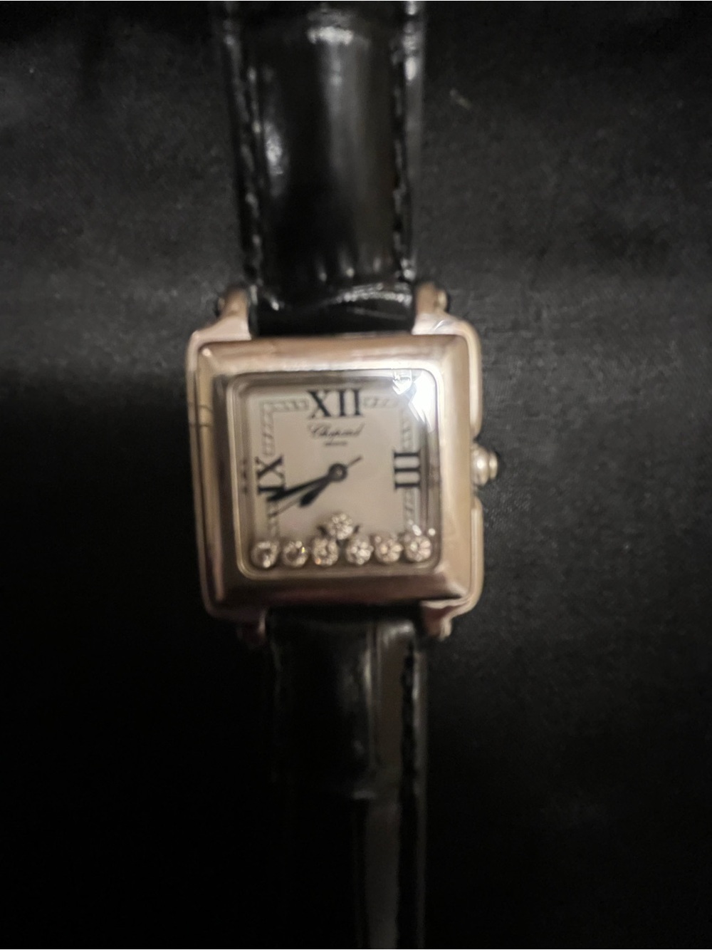 Chopard Square Silver Watch with Black Leather Strap and 7 Floating Diamonds